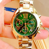 Michael Kors Bradshaw Chronograph Green Dial Gold Steel Strap Watch For Women - MK7257 Authentic Buy Shop Now
