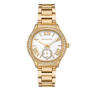 Michael Kors Sage Three-Hand Mother of Pearl White Dial Gold Steel Strap Watch for Women - MK4805 Authentic Buy Shop Now