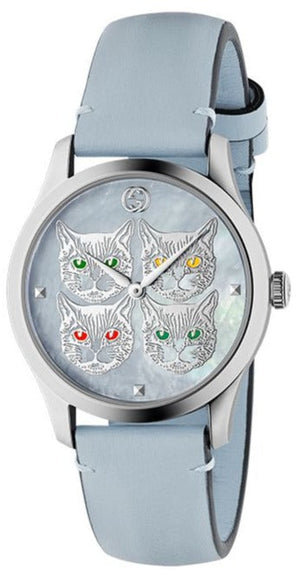 Gucci G Timeless Quartz Mother of Pearl Dial Blue Leather Strap Watch For Women - YA1264124 Authentic Buy Shop Now