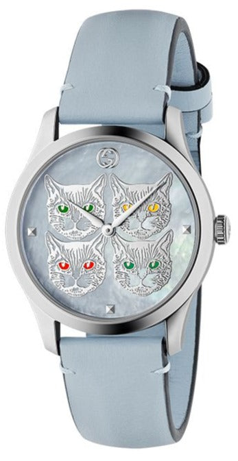 Gucci G Timeless Quartz Mother of Pearl Dial Blue Leather Strap Watch For Women - YA1264124 Authentic Buy Shop Now