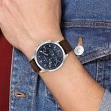 Tommy Hilfiger Asher Chrongraph Blue Dial Brown Leather Strap Watch For Men - 1791855 Authentic Buy Shop Now
