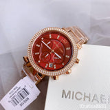 Michael Kors Parker Chronograph Red Dial Rose Gold Steel Strap Watch For Women - MK6106 Authentic Buy Shop Now