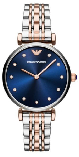Emporio Armani Gianni T Bar Crystal Blue Dial Two Tone Steel Strap Watch For Women - AR11092 Authentic Buy Shop Now