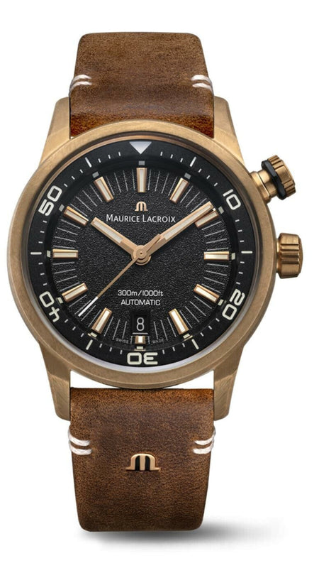Maurice Lacroix Pontos S Diver Automatic Black Dial Brown Leather Strap Watch For Men - PT6248-BRZ01-330-2 Authentic Buy Shop Now