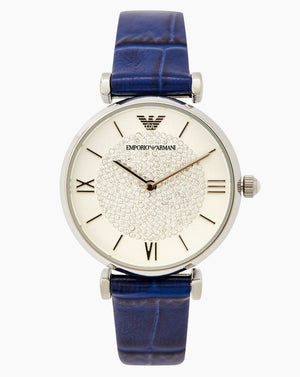 Emporio Armani Gianni T Bar Quartz Crystals Silver Dial Blue Leather Strap Watch For Women - AR11344 Authentic Buy Shop Now