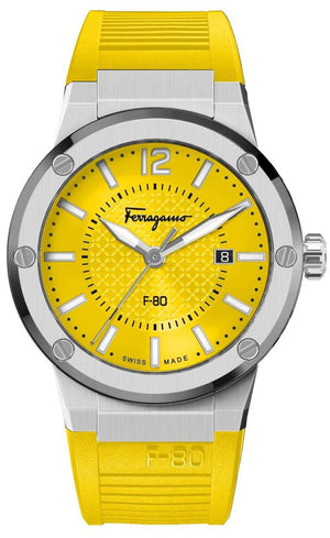 Salvatore Ferragamo F-80 Classic Yellow Dial Yellow Rubber Strap Watch for Men - SFHY01222 Authentic Buy Shop Now