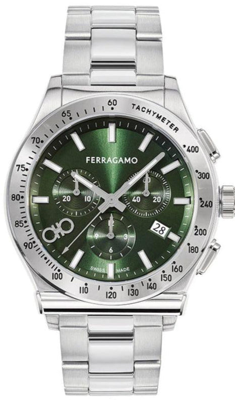 Salvatore Ferragamo 1927 Chrono Green Dial Silver Steel Strap Watch for Men - SFKZ00423 Authentic Buy Shop Now