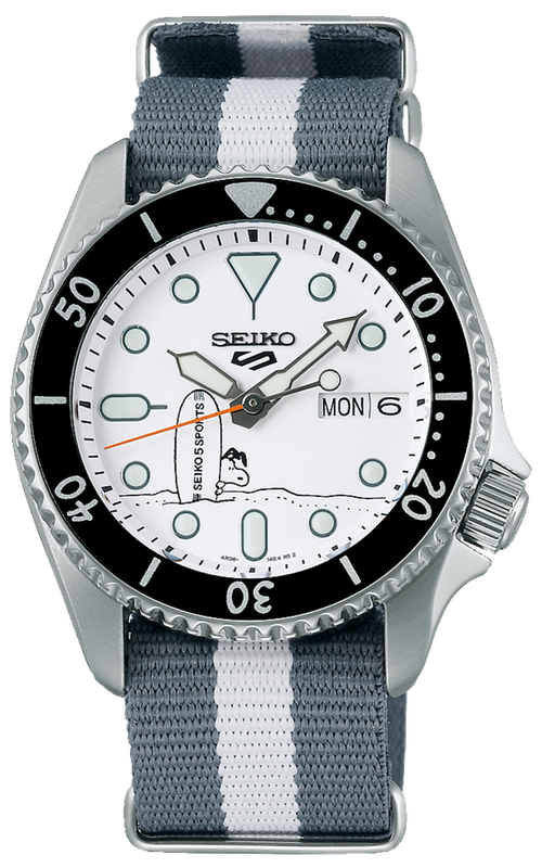 Seiko 5 Sports x Peanuts Surfboard Snoopy Limited Edition White Dial Two Tone NATO Strap Watch For Men - SRPK25K1 Authentic Buy Shop Now