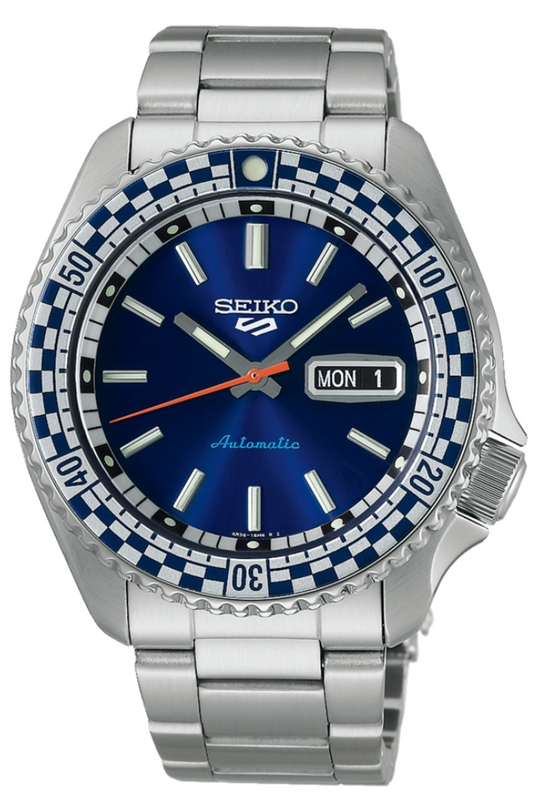 Seiko 5 Sports Petrol Blue Checker Flag Special Edition Blue Dial Silver Steel Strap Watch For Men - SRPK65K1 Authentic Buy Shop Now