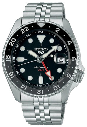 Seiko 5 Sports Automatic GMT Black Dial Silver Steel Strap Watch For Men - SSK001K1