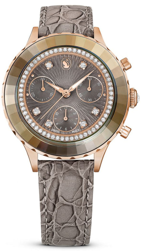 Swarovski Octea Chrono Grey Dial Grey Leather Strap Watch for Women - 5671153 Authentic Buy Shop Now