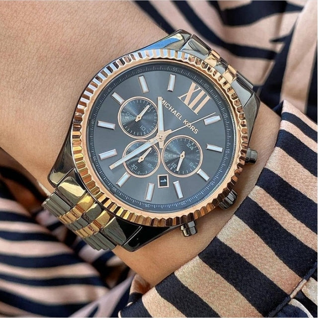 Michael Kors Lexington Chronograph Black Dial Two Tone Steel Strap Watch for Men - MK8561 Authentic Buy Shop Now
