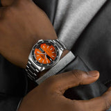 Seiko 5 Sports Double Hurricane Retro Orange Dial Silver Steel Strap Watch For Men - SRPK11K1 Authentic Buy Shop Now