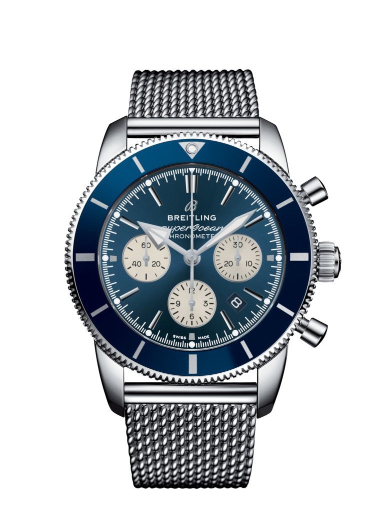 Breitling Superocean Heritage B01 Chronograph 44 Blue Dial Silver Mesh Bracelet Watch for Men - AB0162161C1A1 Authentic Buy Shop Now