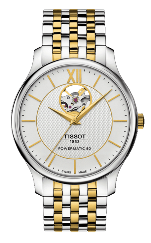 Tissot Tradition Powermatic 80 Open Heart Silver Dial Two Tone Steel Strap Watch For Men - T063.907.22.038.00 Authentic Buy Shop Now