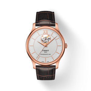 Tissot Tradition Powermatic 80 Open Heart Silver Dial Brown Leather Strap Watch For Men - T063.907.36.038.00 Authentic Buy Shop Now