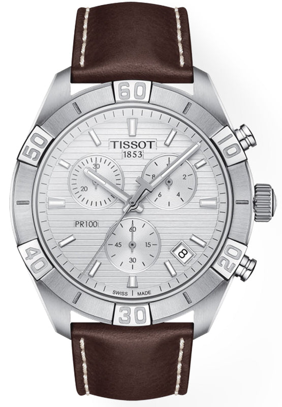 Tissot PR 100 Sport Quartz Chronograph Silver Dial Brown Leather Strap Watch For Men - T101.617.16.031.00 Authentic Buy Shop Now