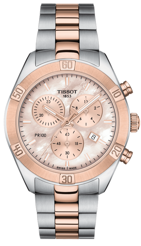 Tissot PR 100 Sport Chic Chronograph Mother of Pearl Dial Two Tone Steel Strap Watch for Women - T101.917.22.151.00 Authentic Buy Shop Now