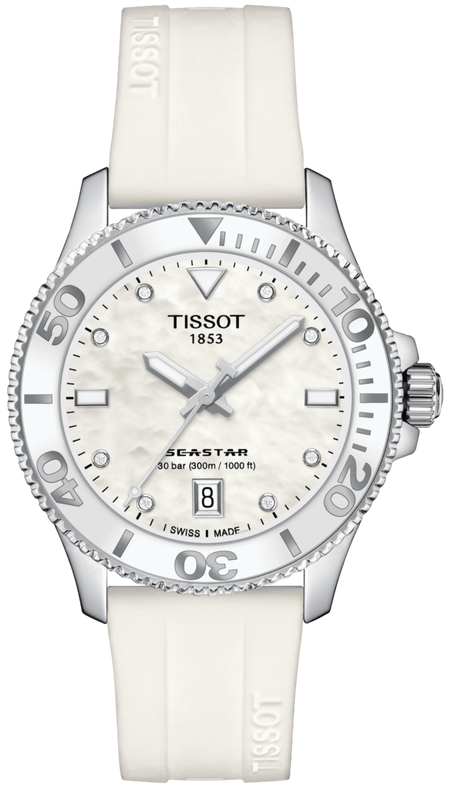 Tissot Seastar 1000 Mother of Pearl White Dial White Rubber Strap Watch for Women - T120.210.17.116.00 Authentic Buy Shop Now