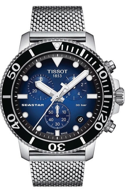 Tissot Seastar 1000 Chronograph Blue Dial Silver Mesh Bracelet Watch For Men - T120.417.11.041.02 Authentic Buy Shop Now