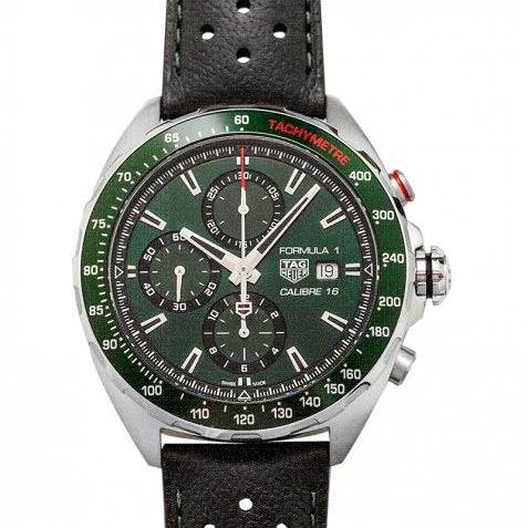 Tag Heuer Formula 1 Calibre 16 Automatic Chronograph Green Dial Black Leather Strap Watch for Men - CAZ2016.FC6473 Authentic Buy Shop Now