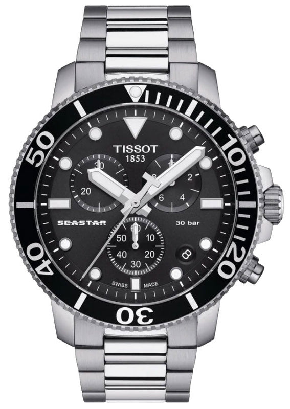 Tissot Seastar 1000 Chronograph Black Dial Silver Steel Strap Watch For Men - T120.417.11.051.00 Authentic Buy Shop Now
