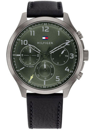 Tommy Hilfiger Asher Chronograph Green Dial Black Leather Strap Watch For Men - 1791856 Authentic Buy Shop Now