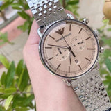 Emporio Armani Aviator Chronograph Beige Dial Silver Steel Strap Watch For Men - AR11239 Authentic Buy Shop Now
