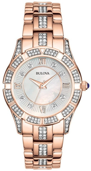 Bulova Crystal Mother of Pearl Dial Rose Gold Steel Strap Watch for Women - 98L197 Authentic Buy Shop Now