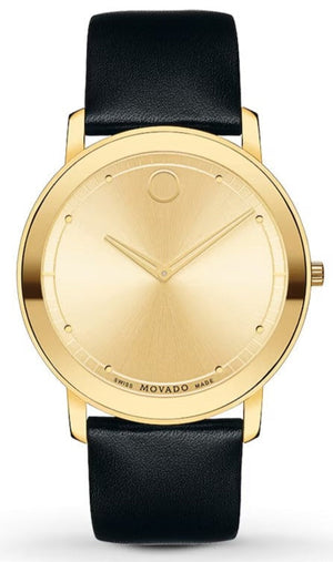 Movado Sapphire Gold Dial Black Leather Strap Watch For Men - 606883 Authentic Buy Shop Now
