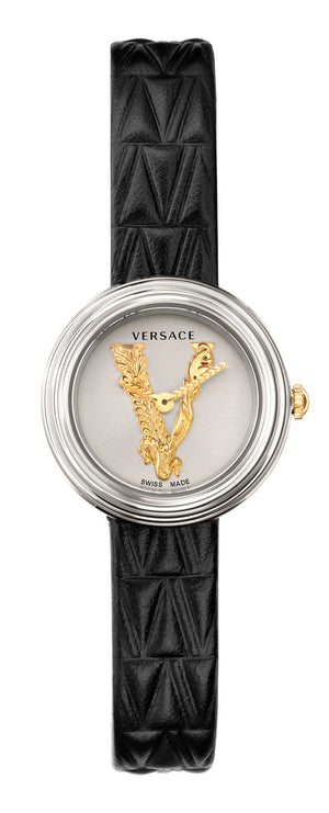Versace Virtus Quartz White Dial Black Leather Strap Watch For Women - VET300421 Authentic Buy Shop Now