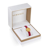 Versace Virtus Mini Quartz Gold Dial Red Leather Strap Watch For Women - VET300521 Authentic Buy Shop Now