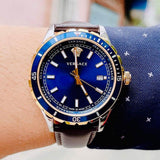 Versace Hellenyium GMT Blue Dial Brown Leather Strap Watch for Men - V11080017 Authentic Buy Shop Now