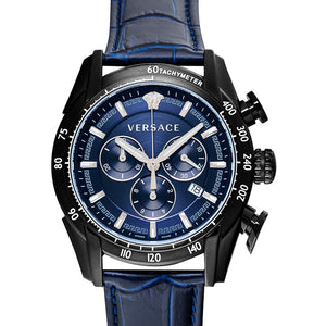 Versace V-Ray Chronograph Quartz Blue Dial Black Leather Strap Watch For Men - VEDB00418 Authentic Buy Shop Now