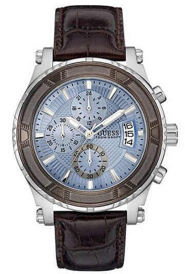 Guess Pinnacle Chronograph Quartz Blue Dial Brown Leather Strap Watch For Men - W0673G1 Authentic Buy Shop Now
