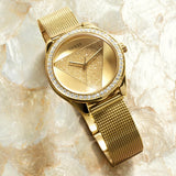 Guess Tri Glitz Quartz Diamonds Gold Dial Gold Mesh Bracelet Watch For Women - W1142L2 Authentic Buy Shop Now