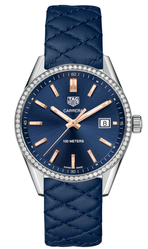 Tag Heuer Carrera Quartz Diamonds Blue Dial Blue Leather Strap Watch for Women - WAR1114.FC6391 Authentic Buy Shop Now