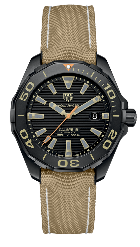 Tag Heuer Aquaracer 300 Calibre 5 Automatic Black Dial Brown Nylon Strap Watch for Men - WAY208C.FC6383 Authentic Buy Shop Now