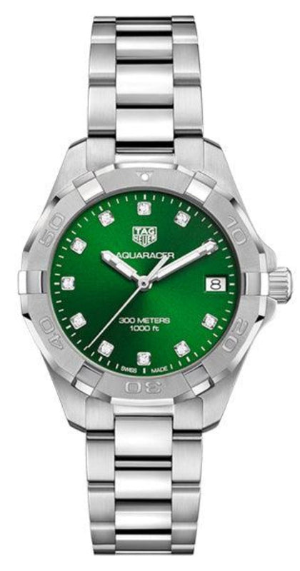 Tag Heuer Aquaracer Diamonds Emerald Green Dial Silver Steel Strap Watch for Women - WBD1316.BA0740 Authentic Buy Shop Now