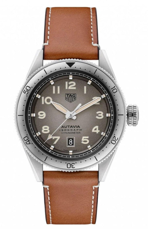 Tag Heuer Autavia Isograph Grey Dial Calfskin Brown Leather Strap Watch for Men - WBE5111.FC8267 Authentic Buy Shop Now