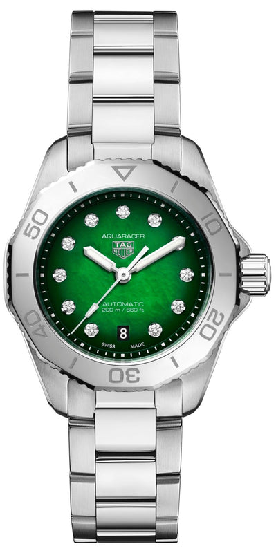 Tag Heuer Aquaracer Professional 200 Automatic Diamond Green Dial Silver Steel Strap Watch for Women - WBP2415.BA0622 Authentic Buy Shop Now