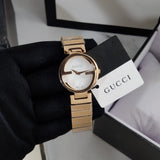 Gucci G Interlocking Mother of Pearl Dial Rose Gold Steel Strap Watch For Women - YA133515 Authentic Buy Shop Now