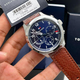 Tommy Hilfiger Asher Chrongraph Blue Dial Brown Leather Strap Watch For Men - 1791855 Authentic Buy Shop Now