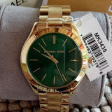 Michael Kors Slim Runway Green Dial Gold Steel Strap Watch for Women - MK3435 Authentic Buy Shop Now