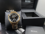 Hugo Boss Globetrotter Chronograph Black Dial Gold Steel Strap Watch for Men - 1513932 Authentic Buy Shop Now