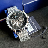Tommy Hilfiger Chronograph Black Dial Silver Mesh Bracelet Watch for Men - 1791292 Authentic Buy Shop Now