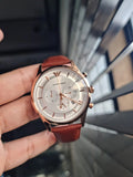 Emporio Armani Quartz Silver Dial Brown Leather Strap Watch For Men - AR11043 Authentic Buy Shop Now