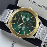 Emporio Armani Mario Chronograph Green Dial Silver Steel Strap Watch For Men - AR11454 Authentic Buy Shop Now