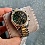 Michael Kors Lexington Chronograph Green Dial Two Tone Steel Strap Watch For Women - MK7303 Authentic Buy Shop Now