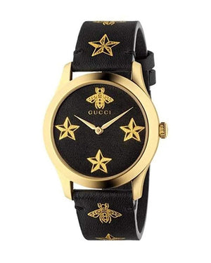 Gucci G Timeless Bee Motif Black Dial Black Leather Strap Watch For Women - YA1264055 Authentic Buy Shop Now